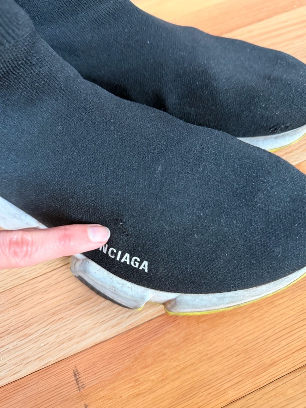 Balenciaga Black Knit Speed Trainer with Yellow Toe Accents - Picture 5 of 5